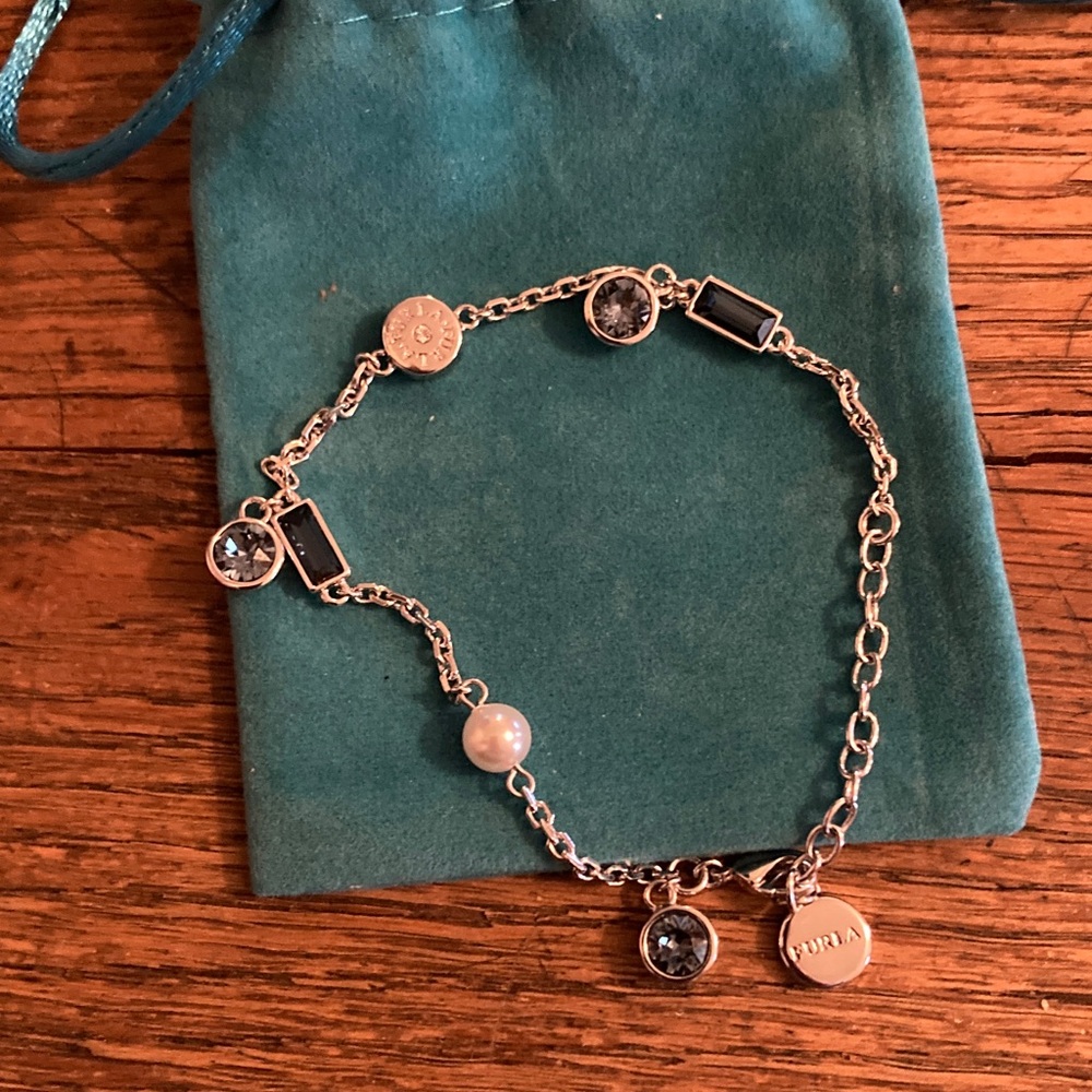 Furla Bracelet Rhodium Plated with Swarovski Crystals & “Pearl” Like New!